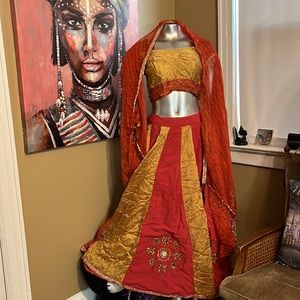 Traditional handmade dyed dupatta saree embroidered skirt bells jewel red skirt